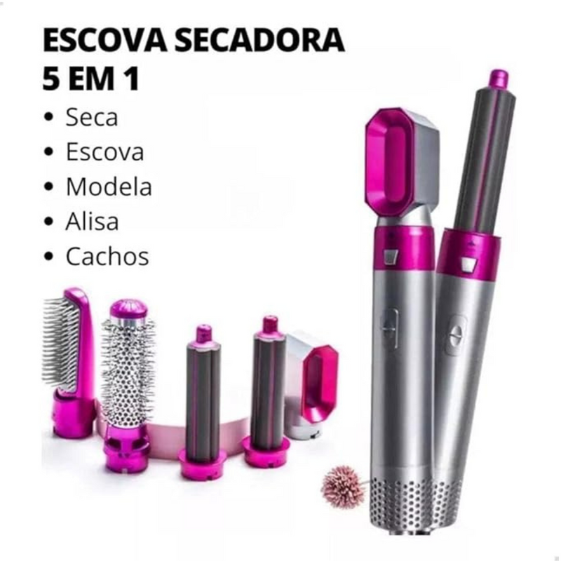 Escova Secador de Cabelo 5 em 1 Multifuncional 110v ROSA /PRATA