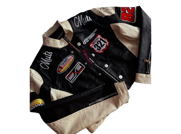 Jaqueta Muts Courino Feminina Curta Cropped Estampas Zíper - Bege e Preta (M)