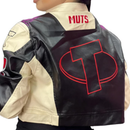 Jaqueta Muts Courino Feminina Curta Cropped Estampas Zíper - Bege e Preta (M)