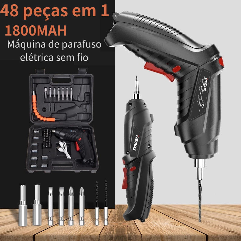 Kit Parafusadeira/Furadeira Sem Fio 48 Peças  com Bateria Recarregável USB – Compacta, Potente e Prática