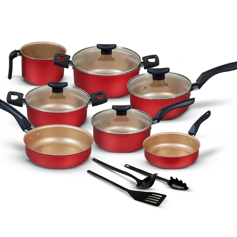 Jogo de Panelas Antiaderente 10 Peças Marpal Trofa – Alumínio, Tampa de Vidro e Acessórios